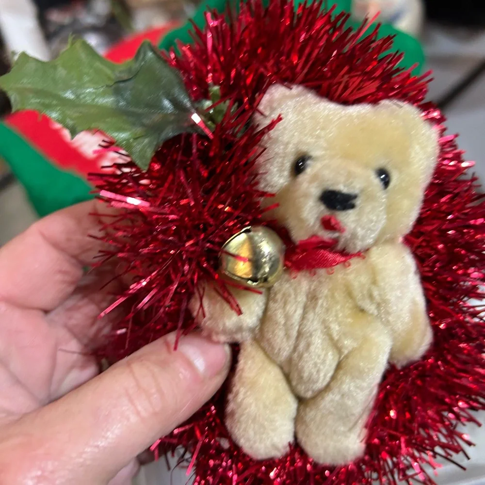 Vintage Teddy Bear Christmas Ornament | Plush Bear with Red Tinsel Wreath & Bell